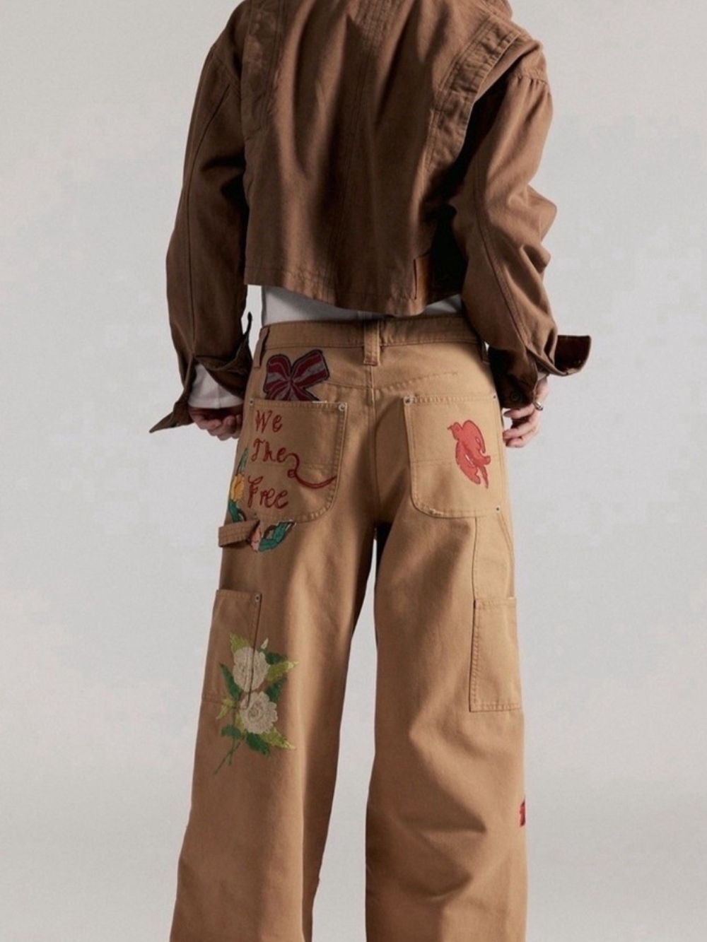 Free People "Bright Time Craft" Tan Embroidered Floral Wide-Leg Jeans - Picture 6 of 14